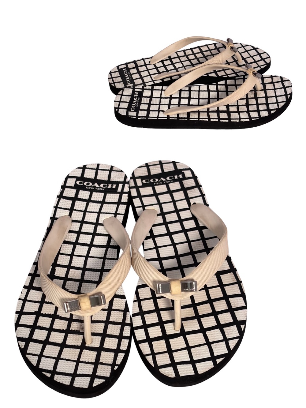 COACH | Black & Cream Grid-Print Slip-On Flip Flops | Size 7-8